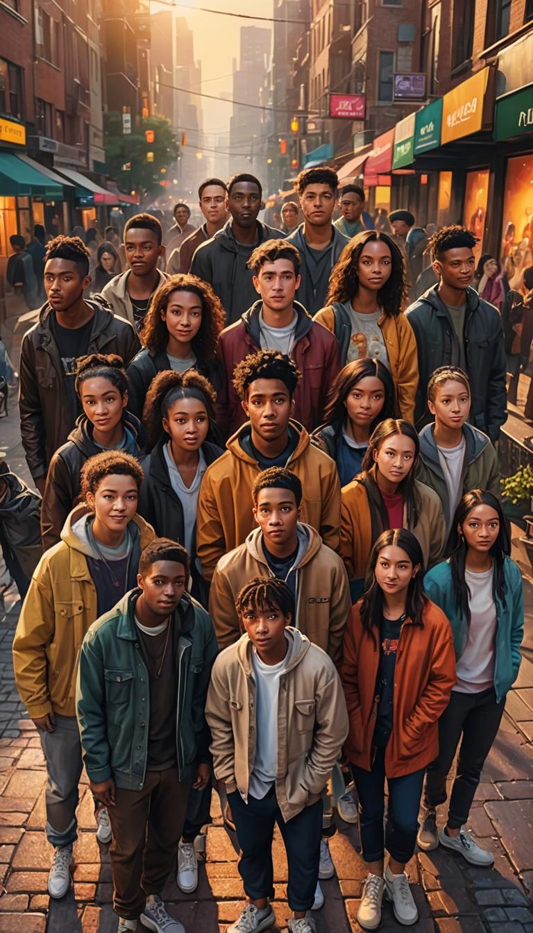 Diverse Friends in Cityscape at Sunset: Hyperrealistic Art