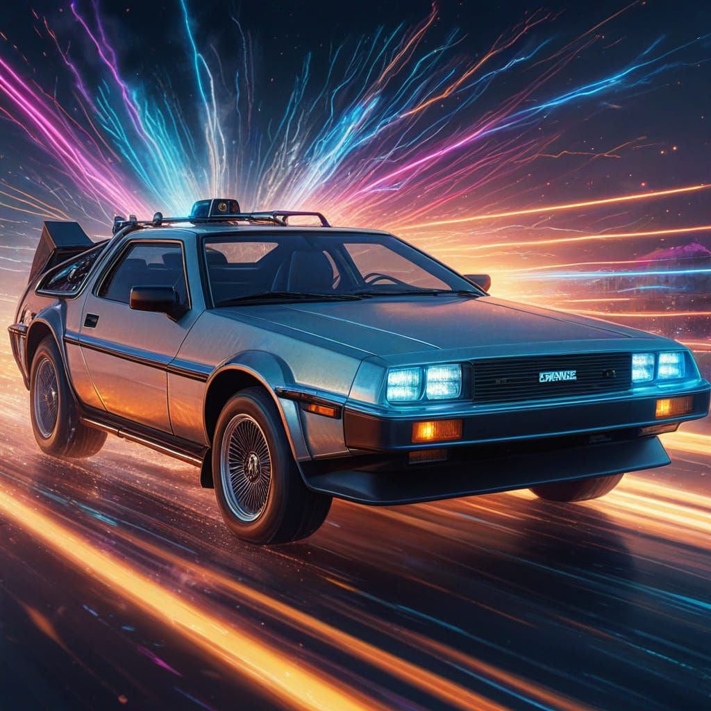 Delorean Time Machine Flies in a Dusk Sky