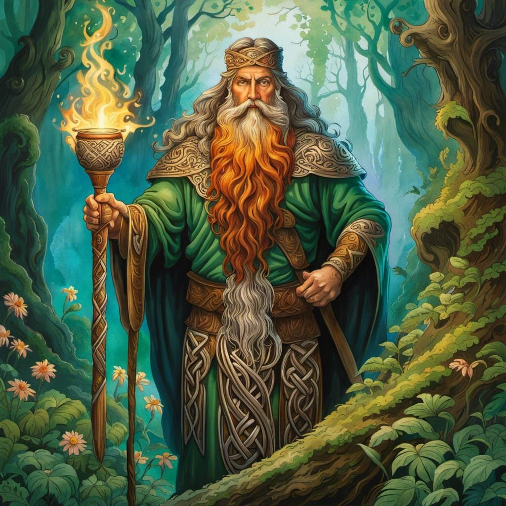 Celtic God in Forest with Magic Staff