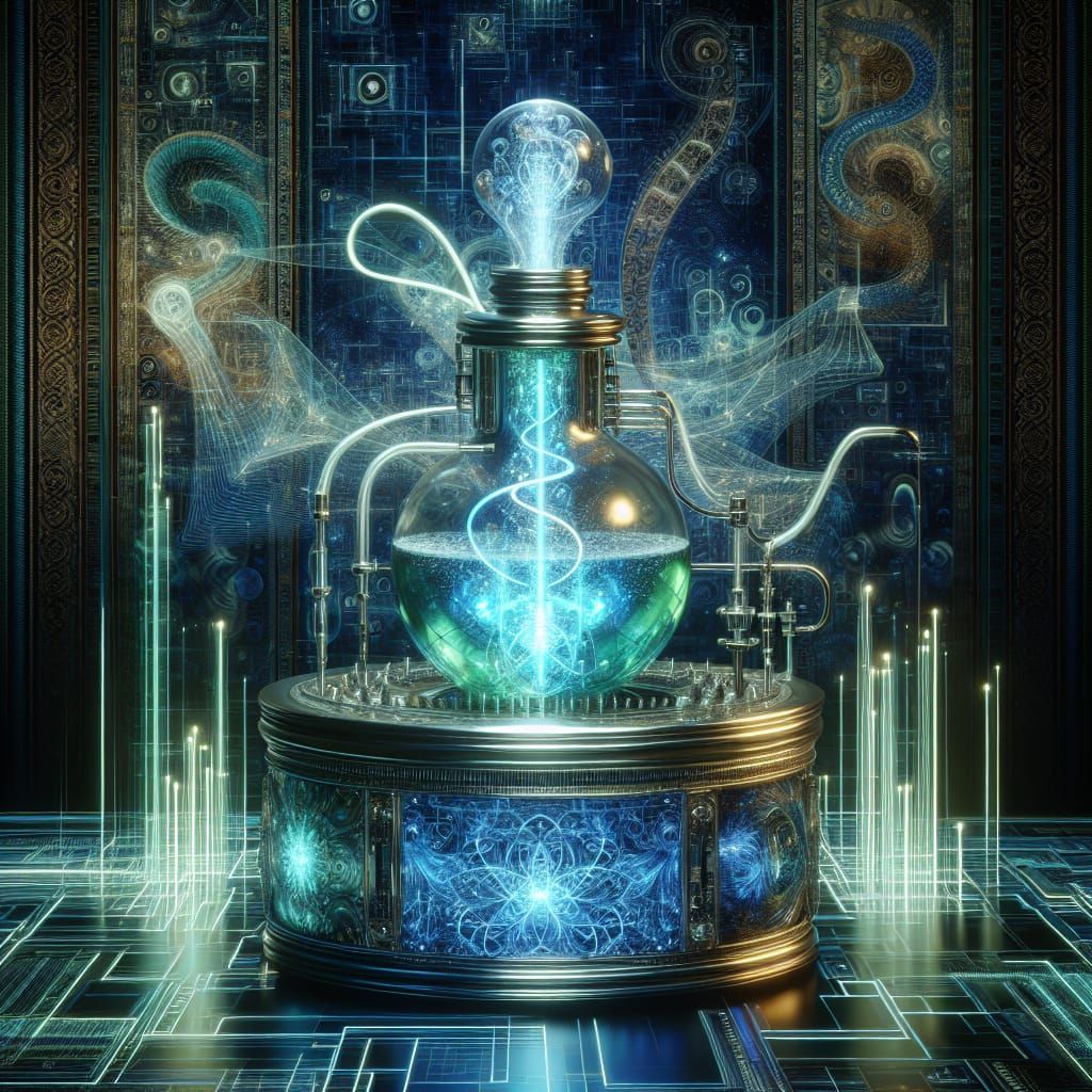Technomystic Alchemist's Alembic with Glowing Liquid