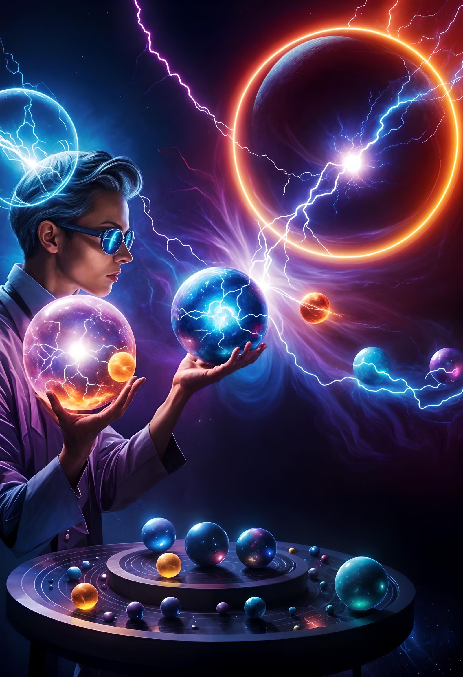 Futuristic Scientist Studying Multi-Dimensional Orbs