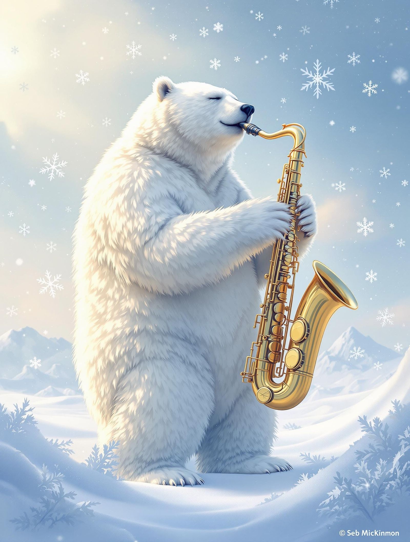 Majestic Polar Bear Plays Saxophone in Winter Wonderland
