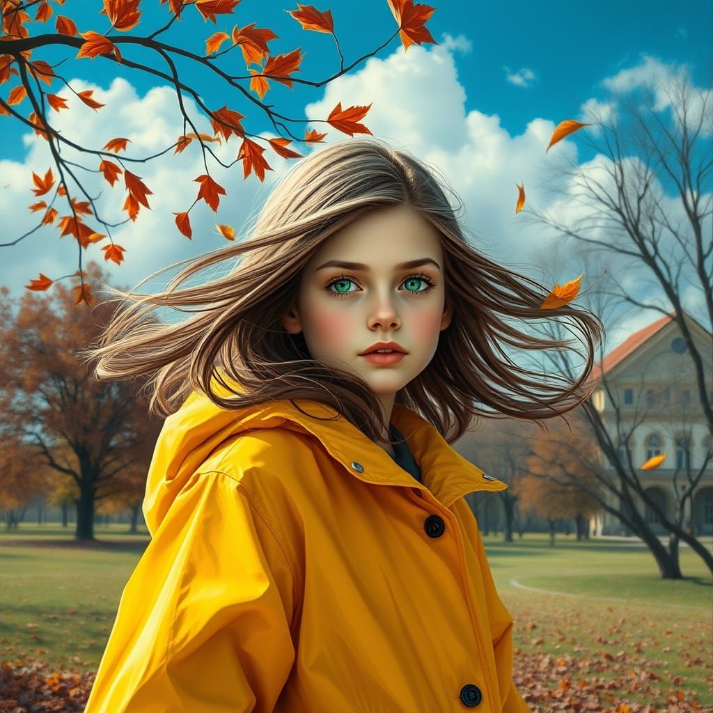 Autumn Girl in Park: Hyperrealistic Oil Painting