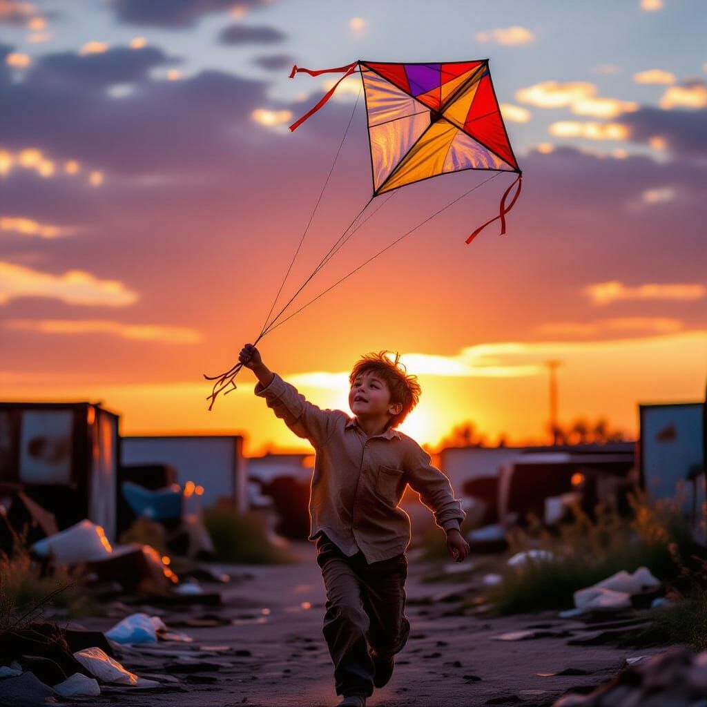 Boy Flying Kite in Junkyard at Sunset