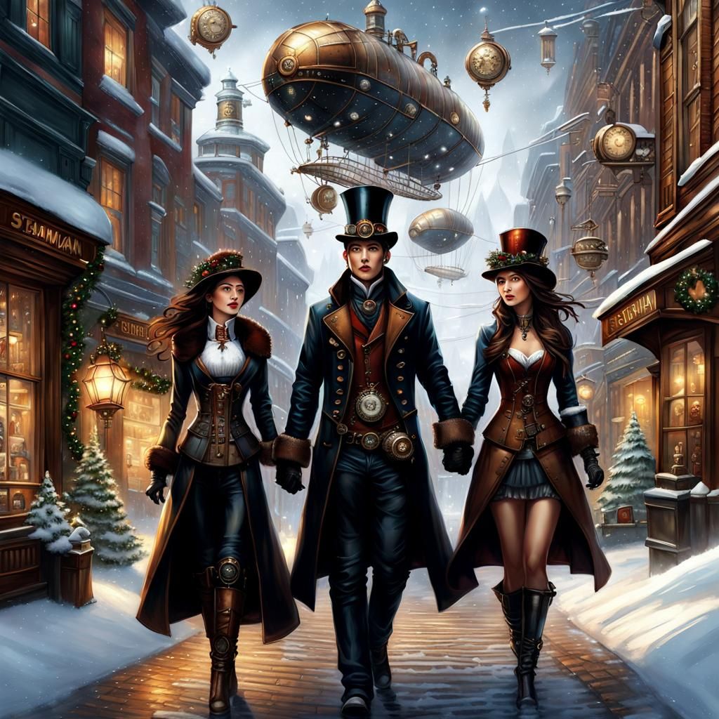 Steampunk Couple Stroll Through Winter Wonderland