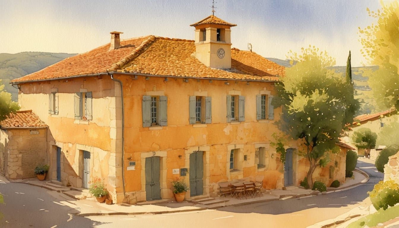 French Village Hall in Spring, Watercolor Impressionism