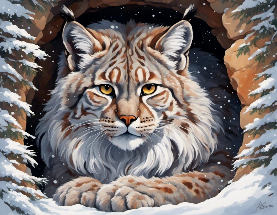 Fluffy Siberian Lynx in Snowy Cave, Pastel Watercolors