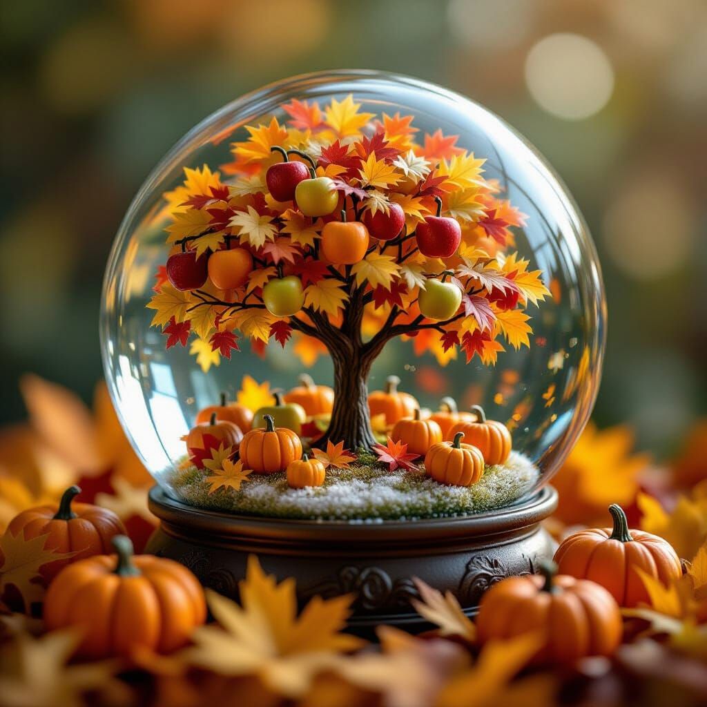 Miniature Autumn Orchard in Snow Globe