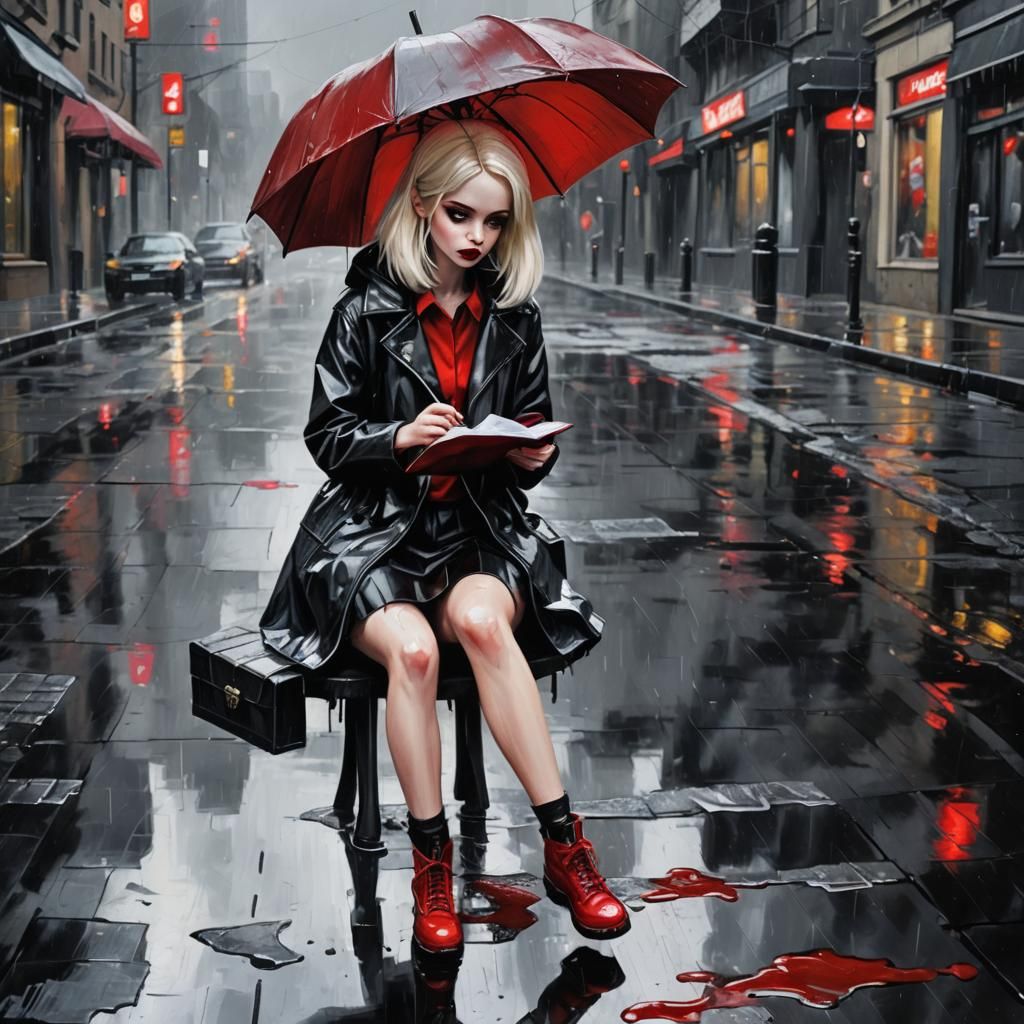 Emo Barbie in Rainy City: Realistic Oil Painting