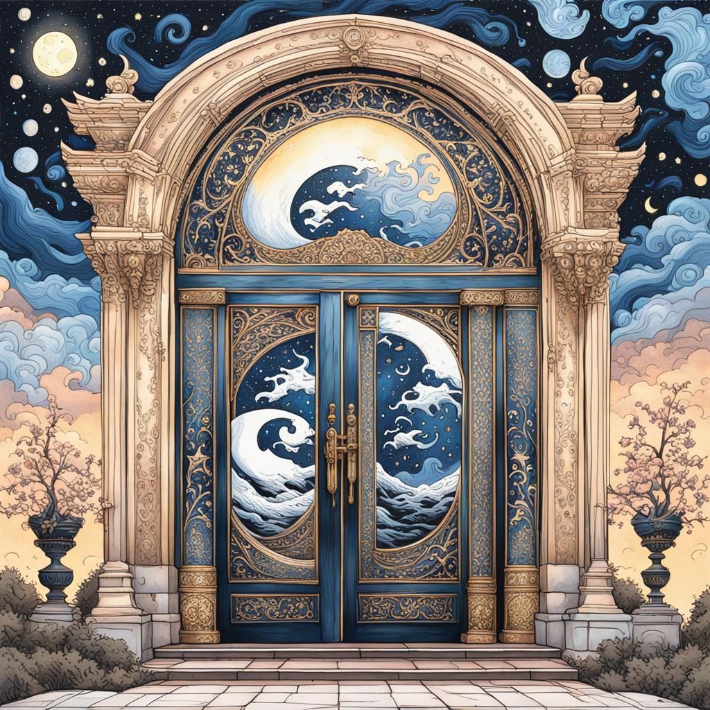High Gothic Doorway with Yin Yang in Gouache Style