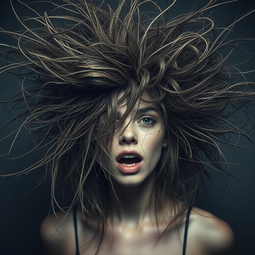 Surreal Portrait of Disheveled Woman with Wild Hair