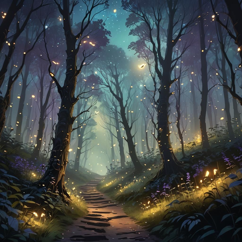 Fantasy Forest Path Illuminated by Fireflies