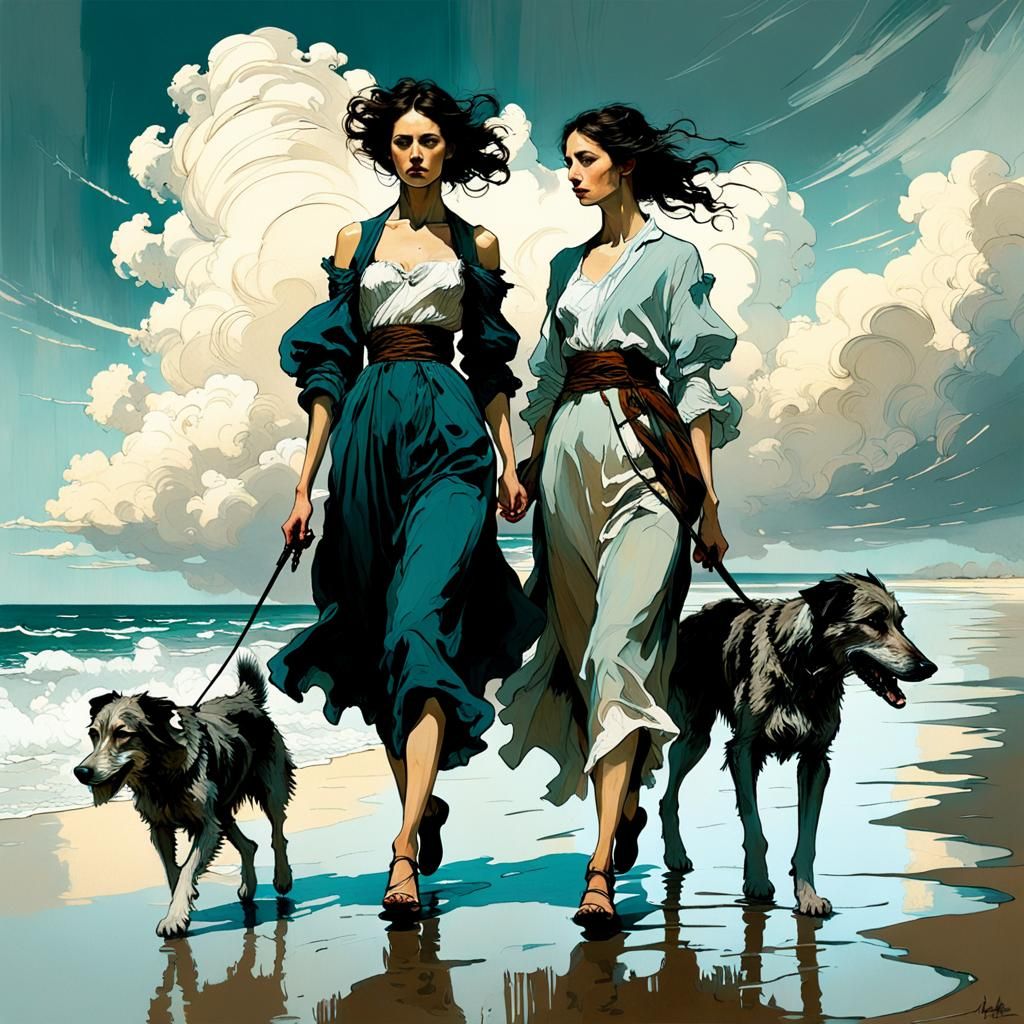 Elegant Woman Walking Wolfhounds: Pen and Ink Style