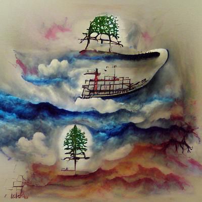 Watercolor Ship Sails Through Forest Canopy