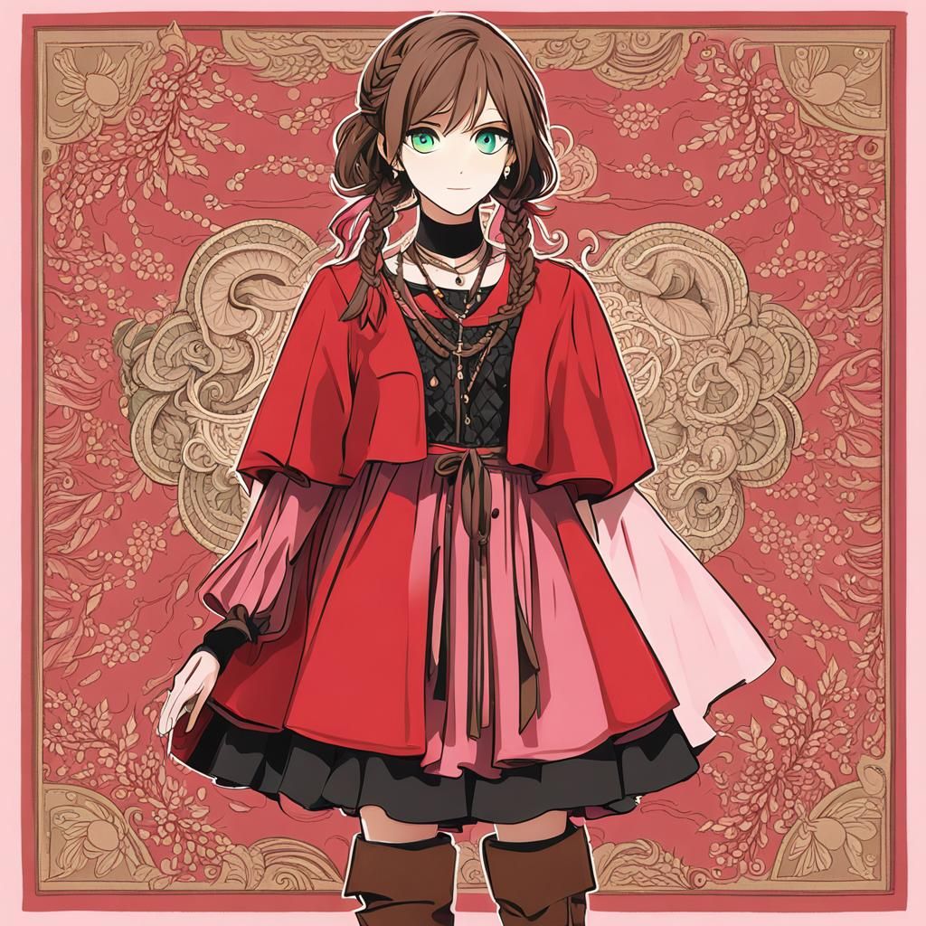 Woman with Braids, Red Jacket, and Pink Dress