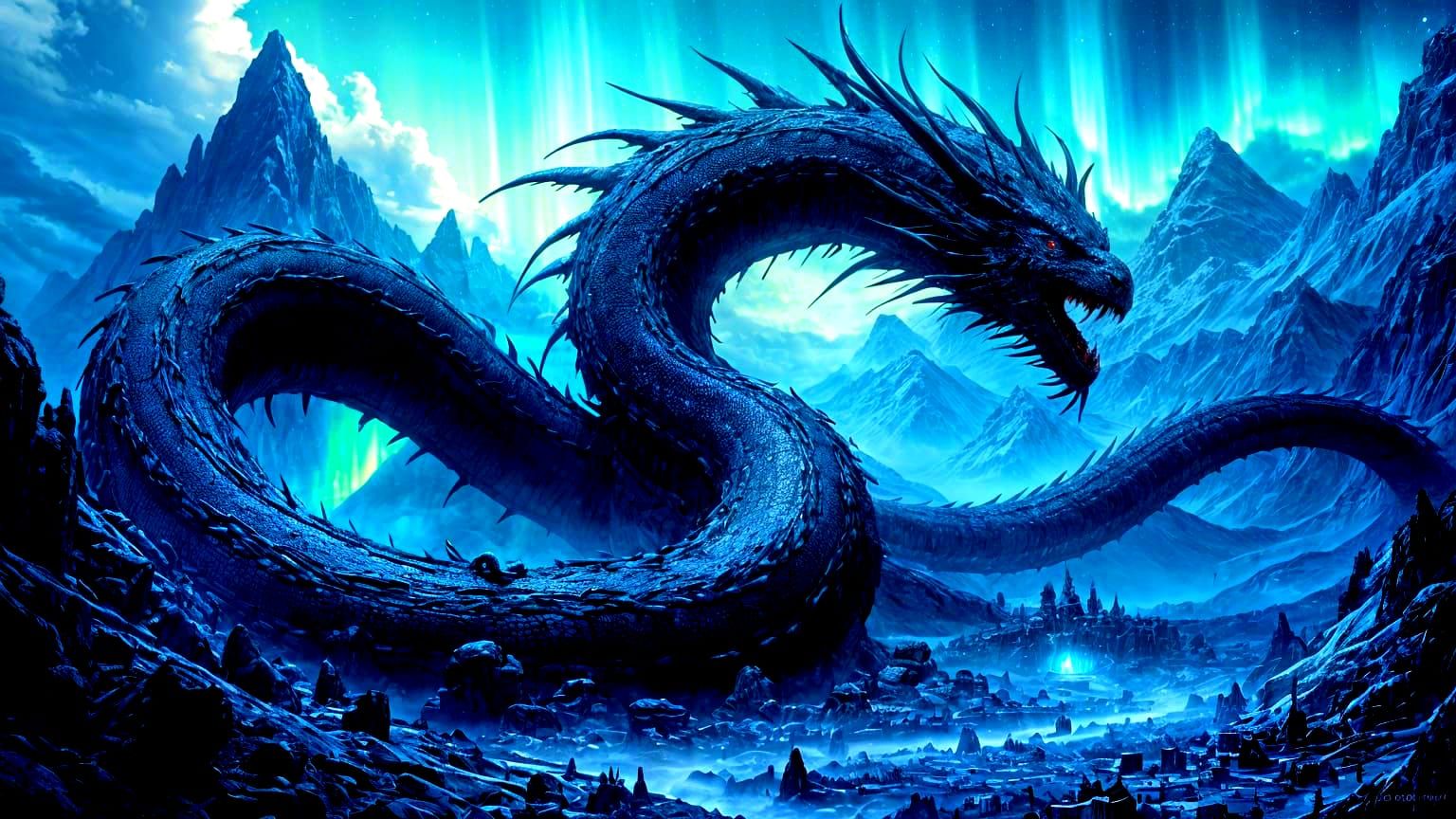 A colossal, ancient dragon sleeps coiled around the peaks of...