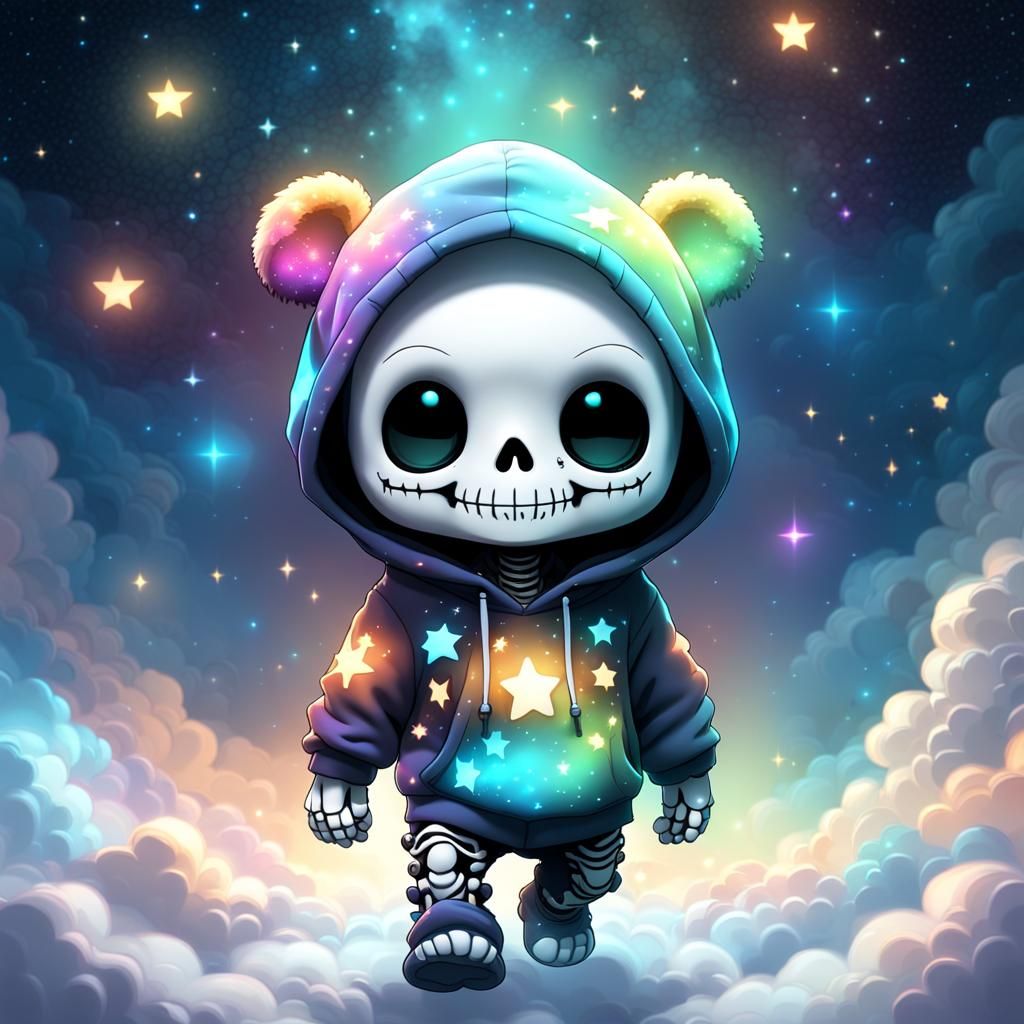 Chibi Baby Skeleton in Clouds, CGI Animation