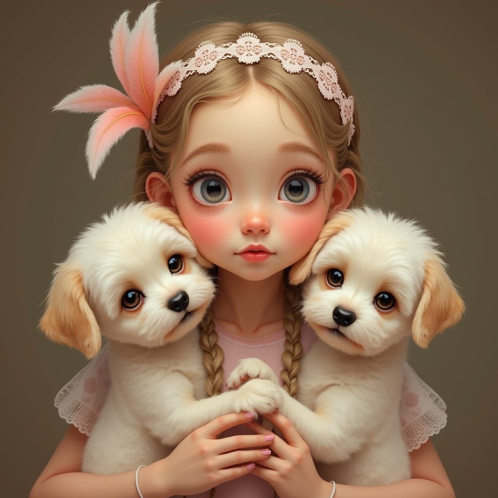 Girl with Puppies in Whimsical Style