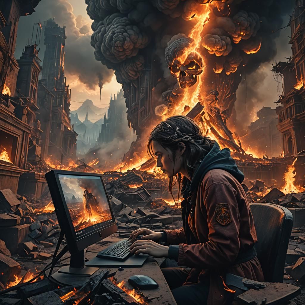 Apocalyptic Distraction: Woman and Computer Screen