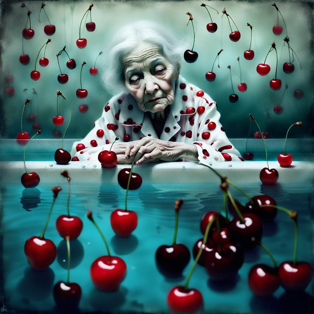 Surreal Cherries: Old Woman's Whimsical Dreamscape