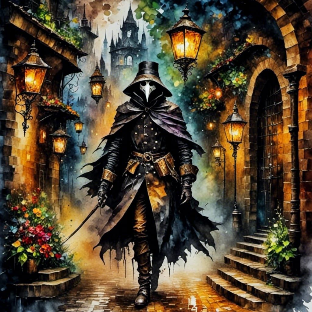 Plague Doctor in Medieval Alley, Water-Ink Style