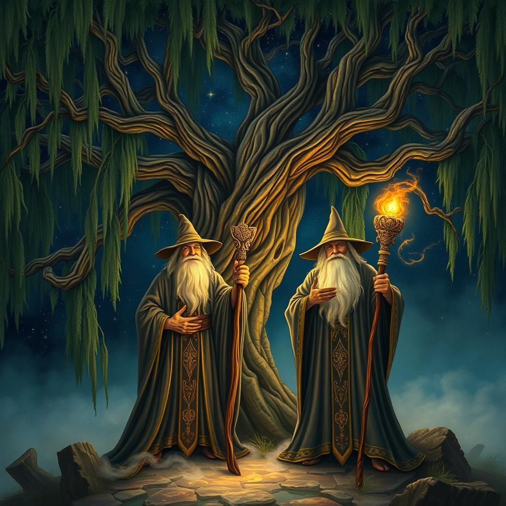 Wizards Under Willow Tree at Night