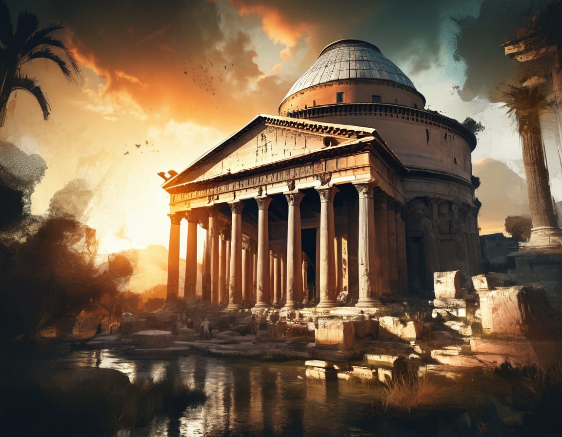 Ancient Pantheon Sunset Double Exposure HDR