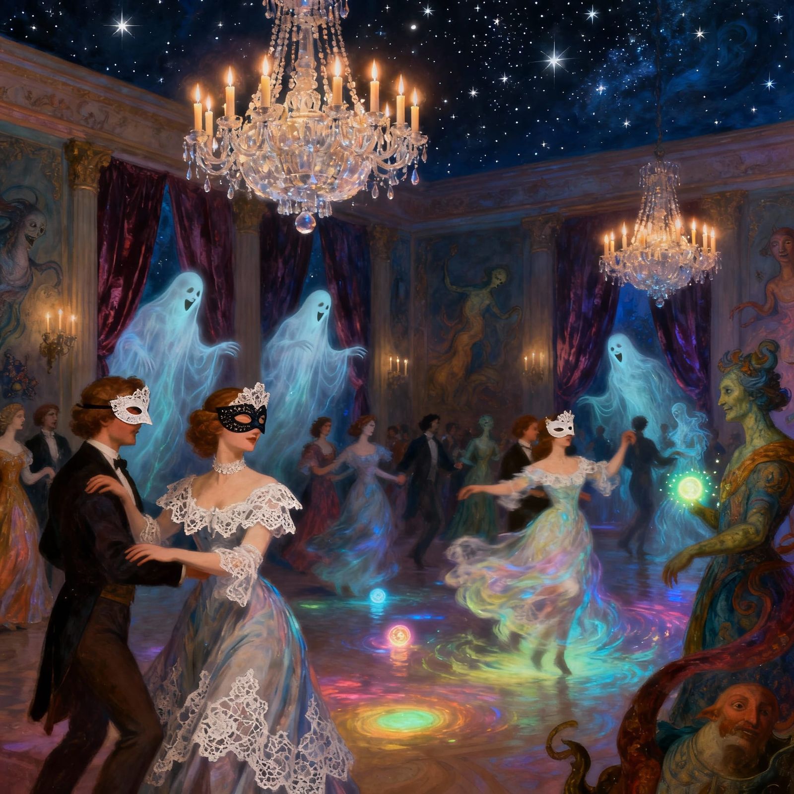 Magical Ballroom Revelry with Spirits and Stars