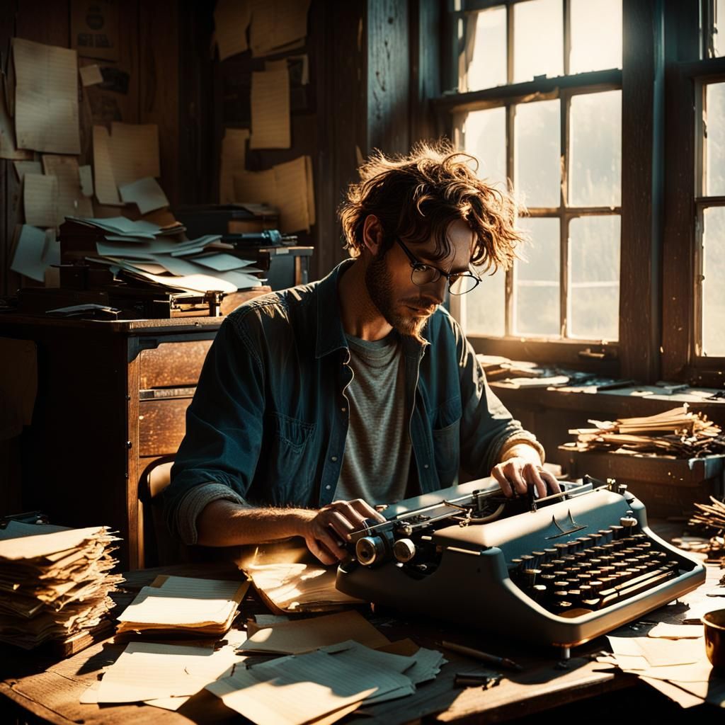 Intense Young Writer at Vintage Typewriter, Cinematic Film S...