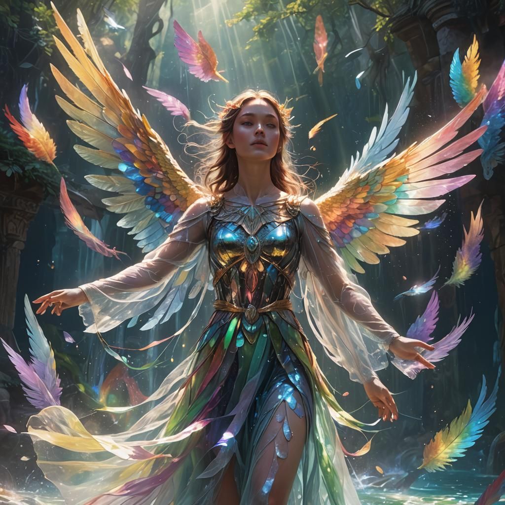 Ethereal Angel Swimming in Crystal Waterfall