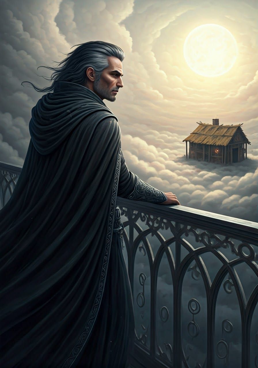 Contemplative Magician Overlooking World, in Fantasy Art Sty...