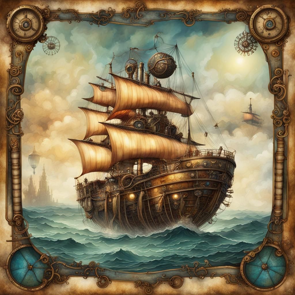 Steampunk Airship Over Ocean in Watercolor Style