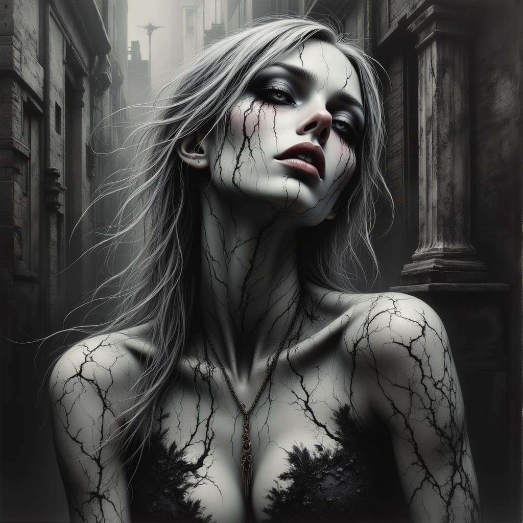 Moody Surrealism: Cracked Porcelain Woman in Dark Atmosphere