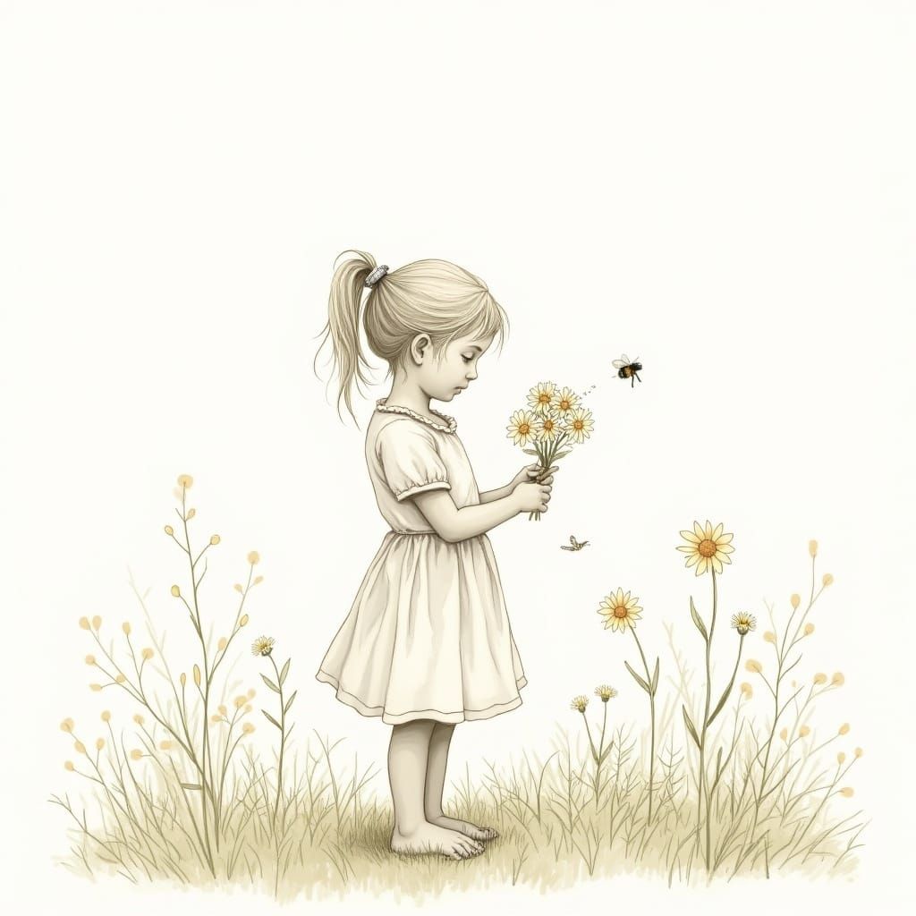 Young Girl Surrounded by Wildflowers in a Soft, Poetic Lands...