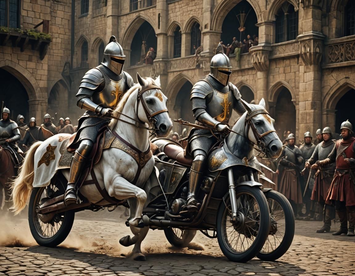 Knights Jousting on Motorcycles: Hyperrealistic Medieval Sce...