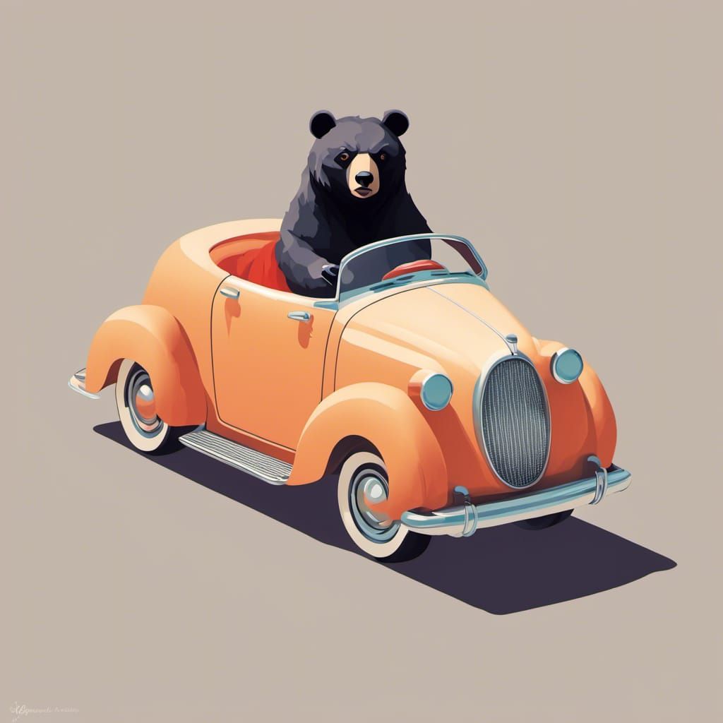 Bear Rides Toy Car in Minimalist Vector Art