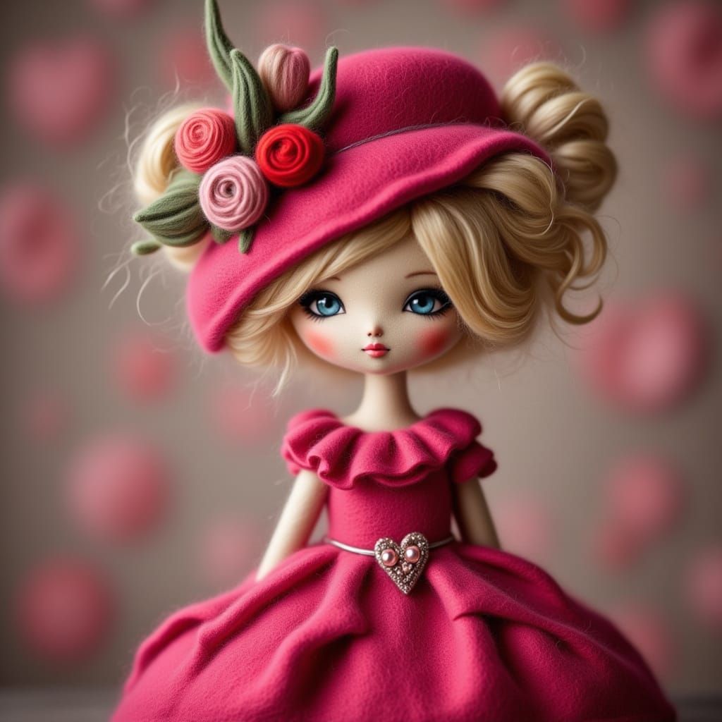 Lenci Felt Doll in Pink Dress with Embellished Hat
