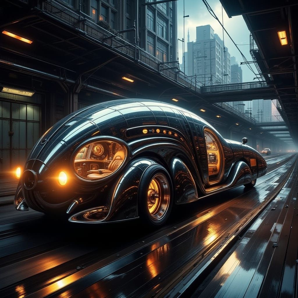 Futuristic Bullet-Shaped Vehicle Speeds Through Neon Citysca...