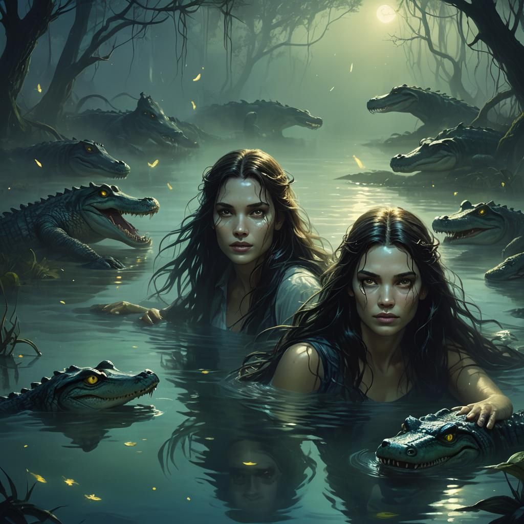 Woman Swimming with Alligators in Misty Swamp