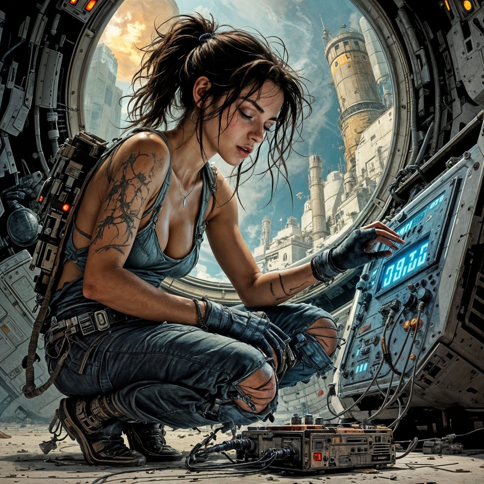 Sci-Fi Engineer Repairing Alien Generator