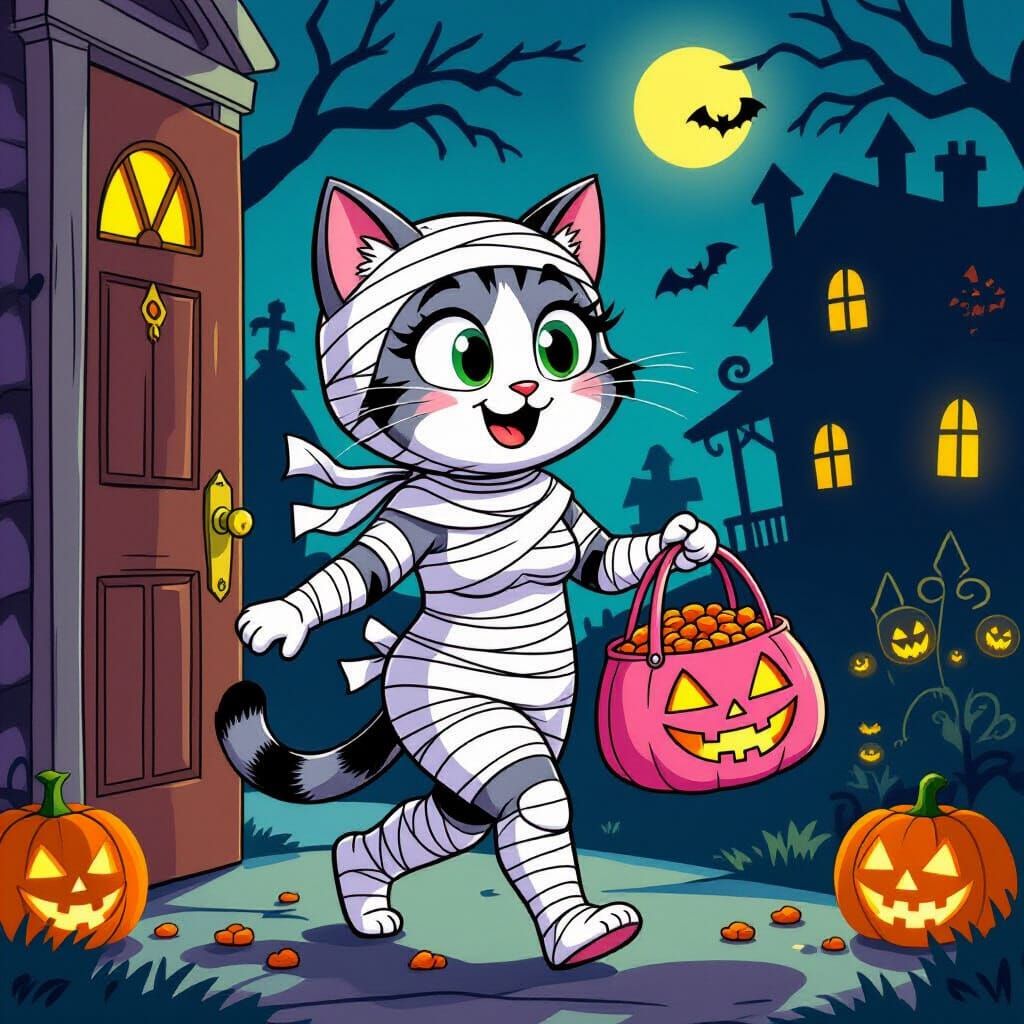 Anthropomorphic Cat Lady Mummy Trick-or-Treating