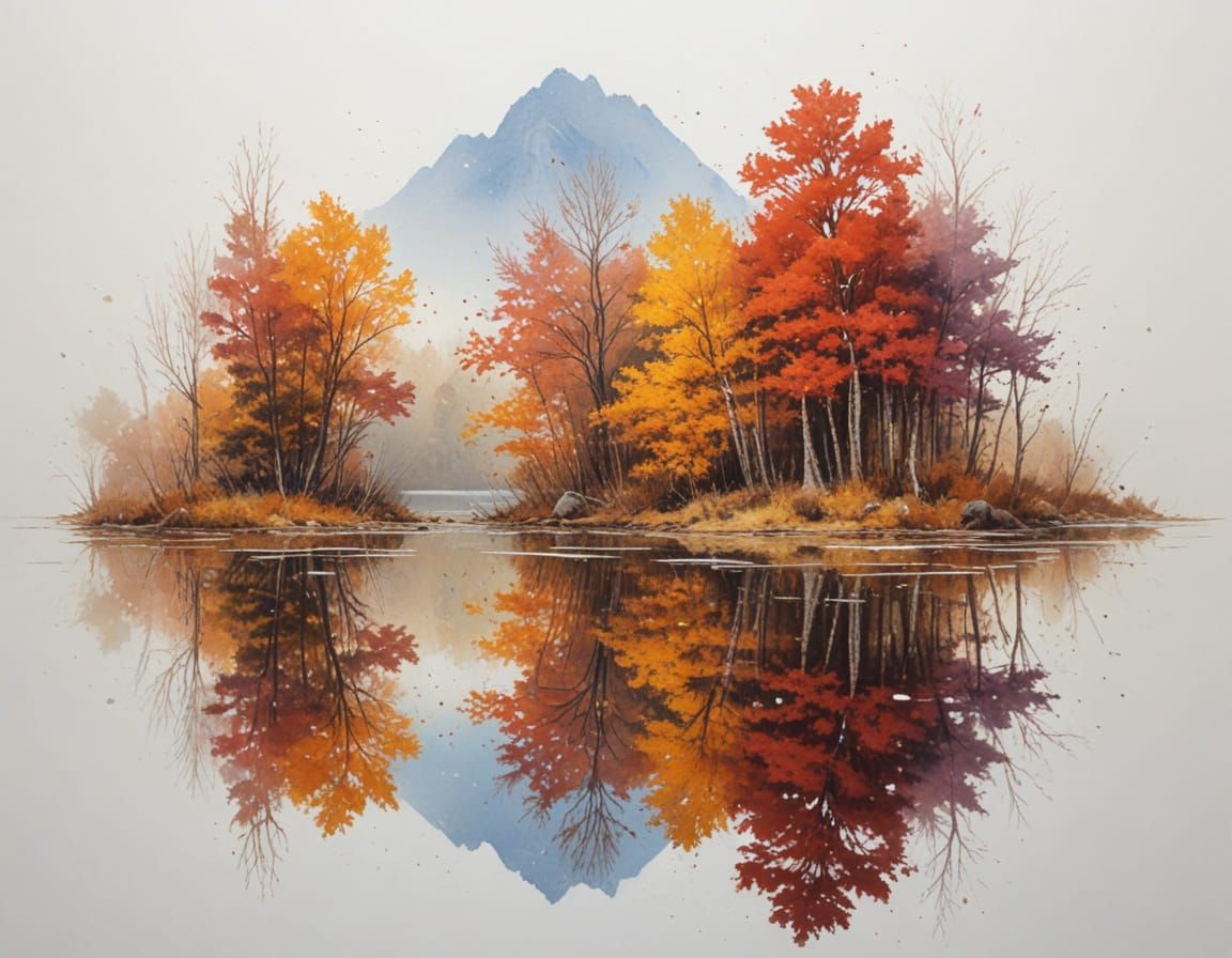 Serene Autumn Lake Reflection in Painterly Realism