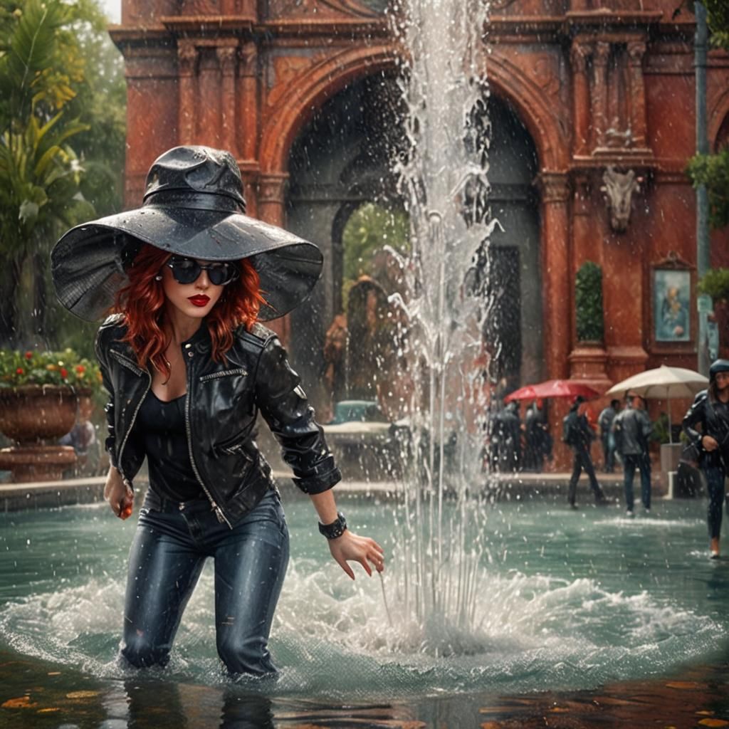 Glamorous Woman in Fountain: Photorealistic Matte Painting