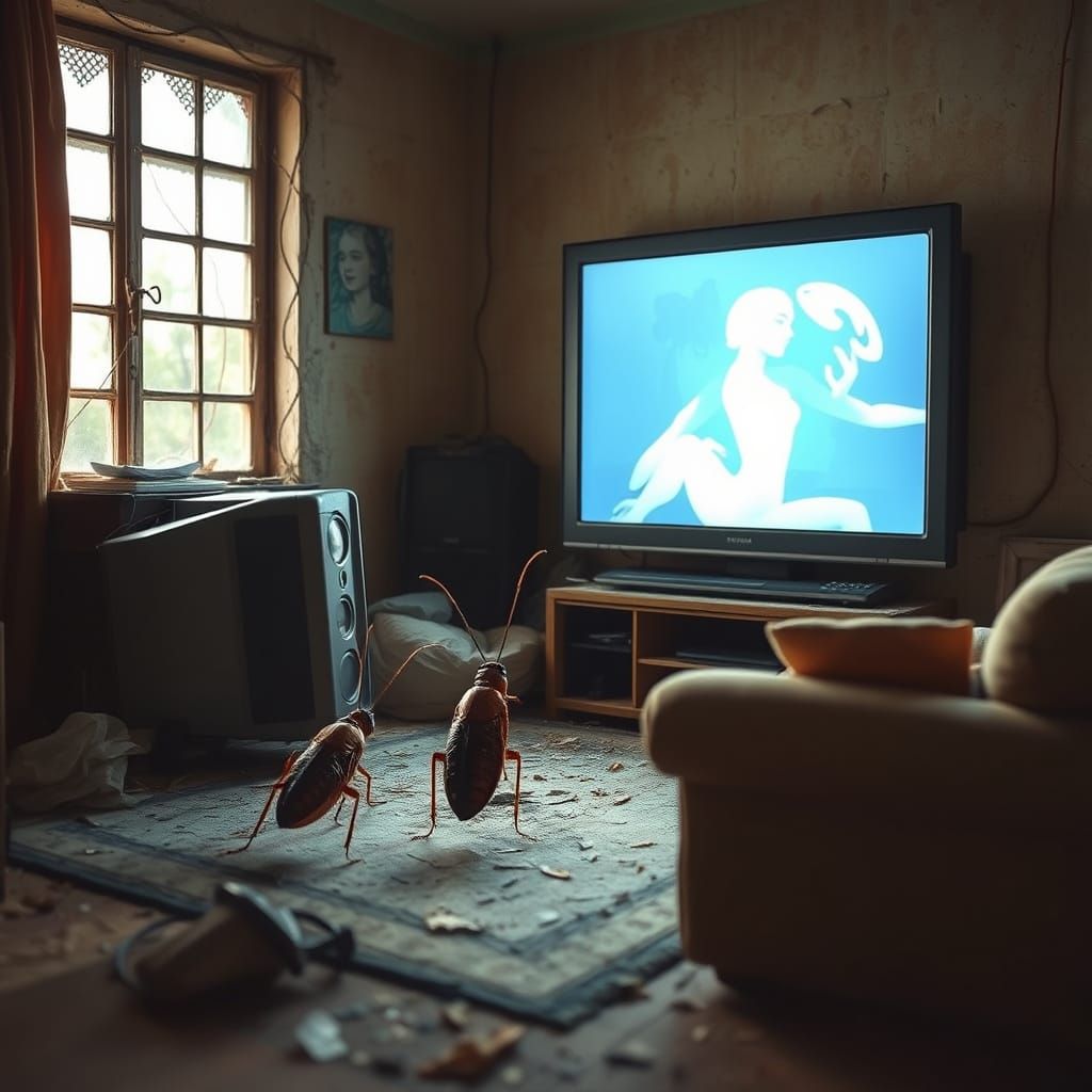 Cockroach Watches TV in Dilapidated Sitting Room