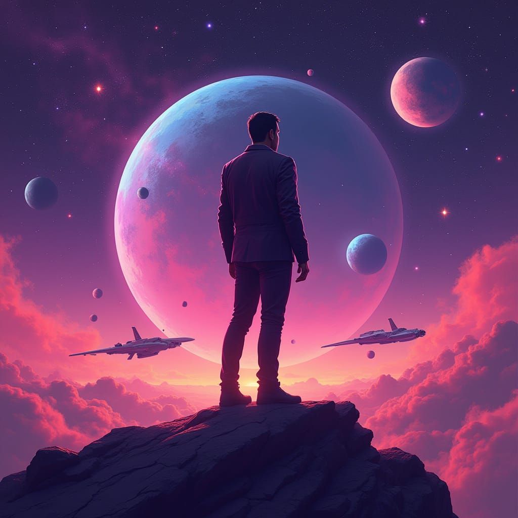 Heroic Father on Distant Planet in Digital Art Style