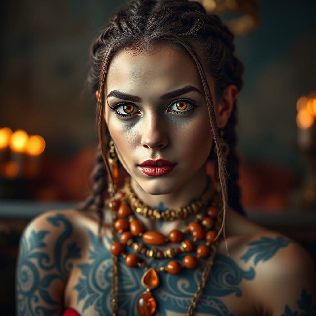 Hyperrealistic Portrait of a Tattooed Goddess