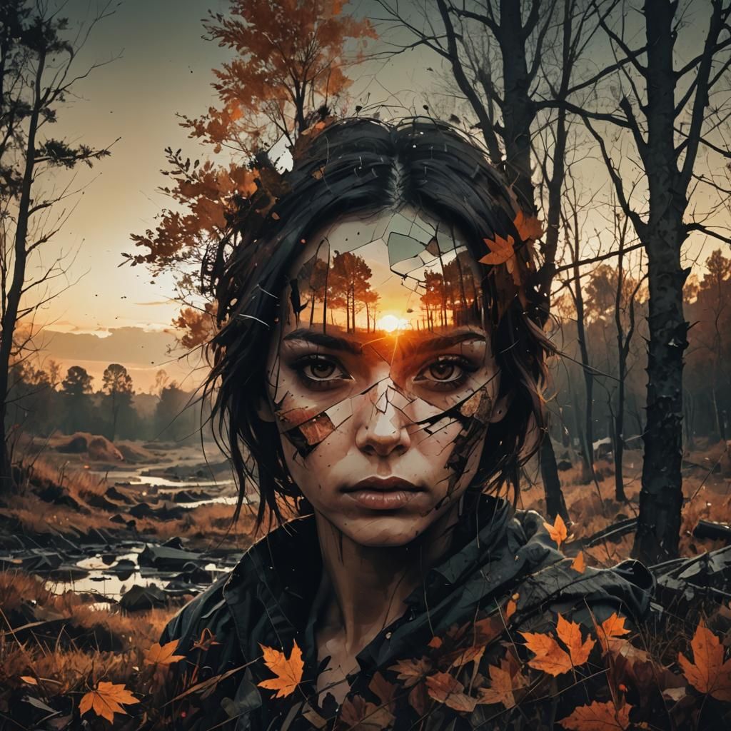 Autumn Sunset Double Exposure in HDR