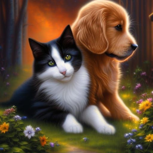 Cat and Dog Hugging in Ethereal Fantasy Style