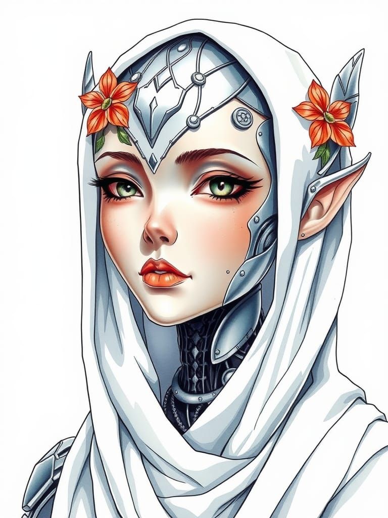 Portrait of a Robot Elf Girl in Comic Art Style