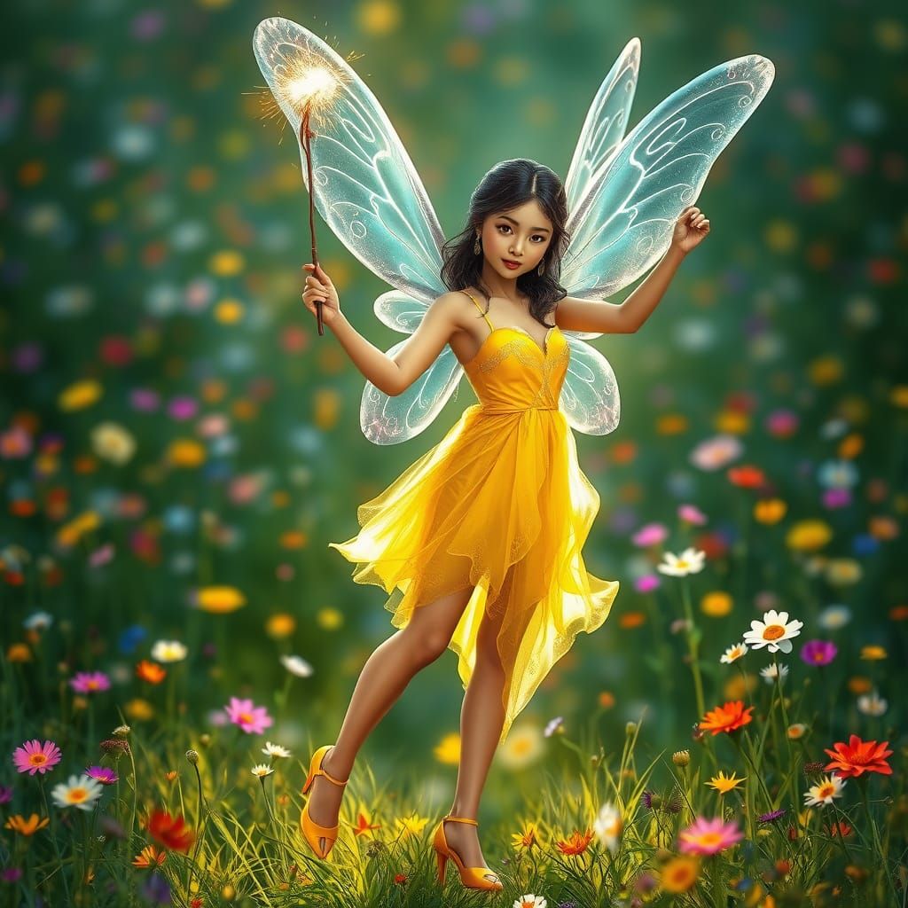 Mystical Hispanic Fairy in Vibrant Meadow
